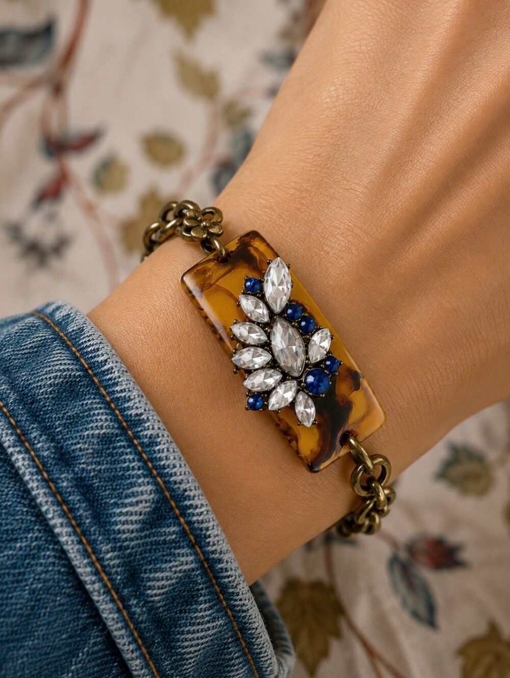 BAUBLEBAR Faux Tortoise Distressed Brass Blue Clear Rhinestone Rivited Bracelet